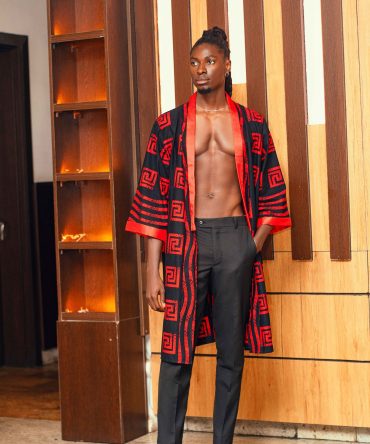 Male Red kimono-style robe with black Pants